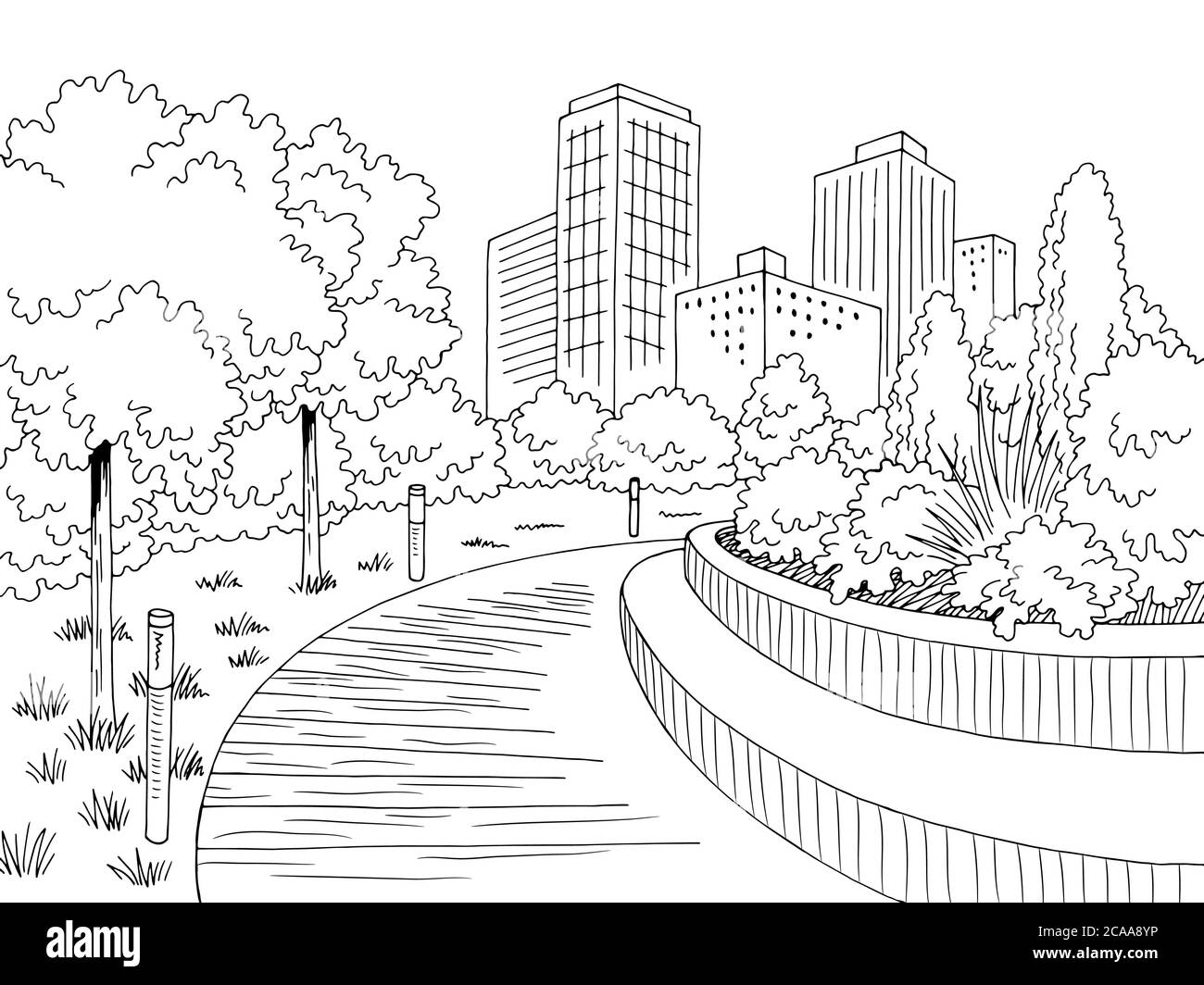 Grafico del parco grafico della città bianco nero disegno del paesaggio vettore Illustrazione Vettoriale