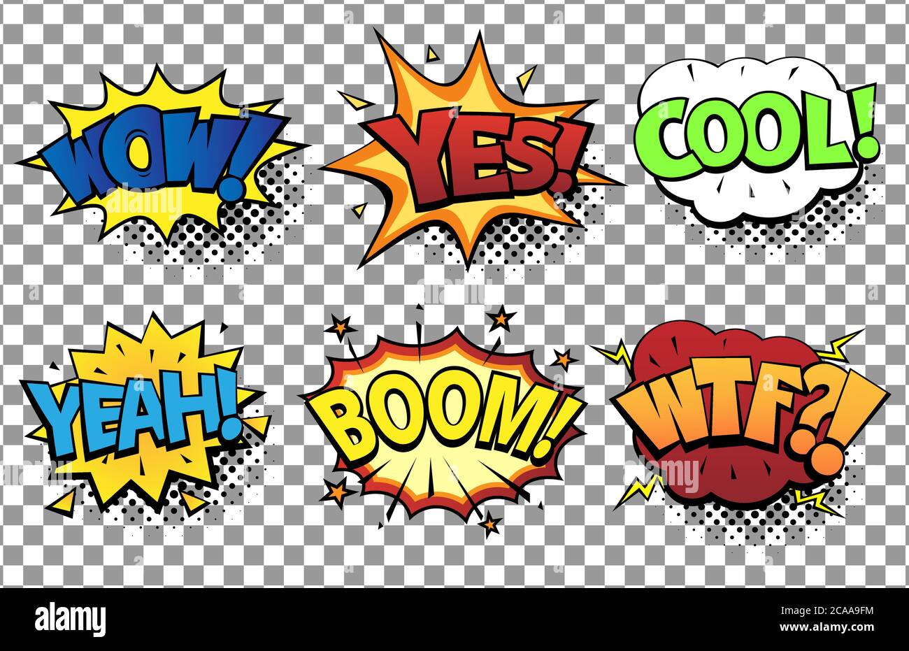 Fumetti bolle di discorso set con diverse emozioni e testo Wow, Sì, Cool, Yeah, Boom, WTF . Vettoriale illustrazioni dinamiche cartoni animati in retro pop Illustrazione Vettoriale