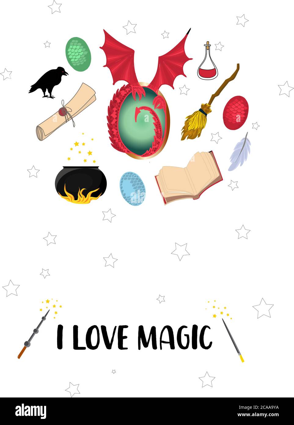 Amo la magia. Cartolina con oggetti magici. MISTERO E MAGIA Illustrazione Vettoriale