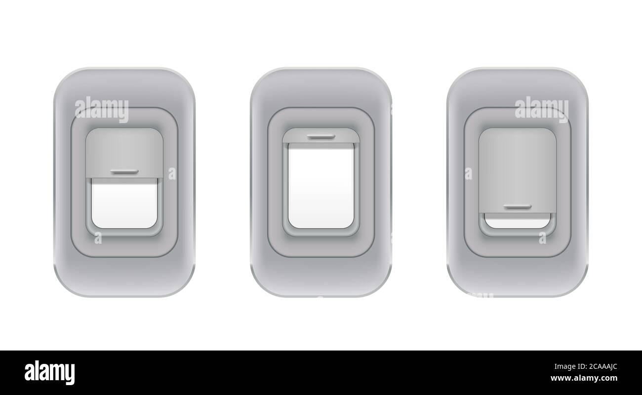 Set di oblò per uso interno in aereo. Finestre interne realistiche per aerei. Portolo in vetro fusoliera. Finestre del piano vuote isolate. Vettore Illustrazione Vettoriale