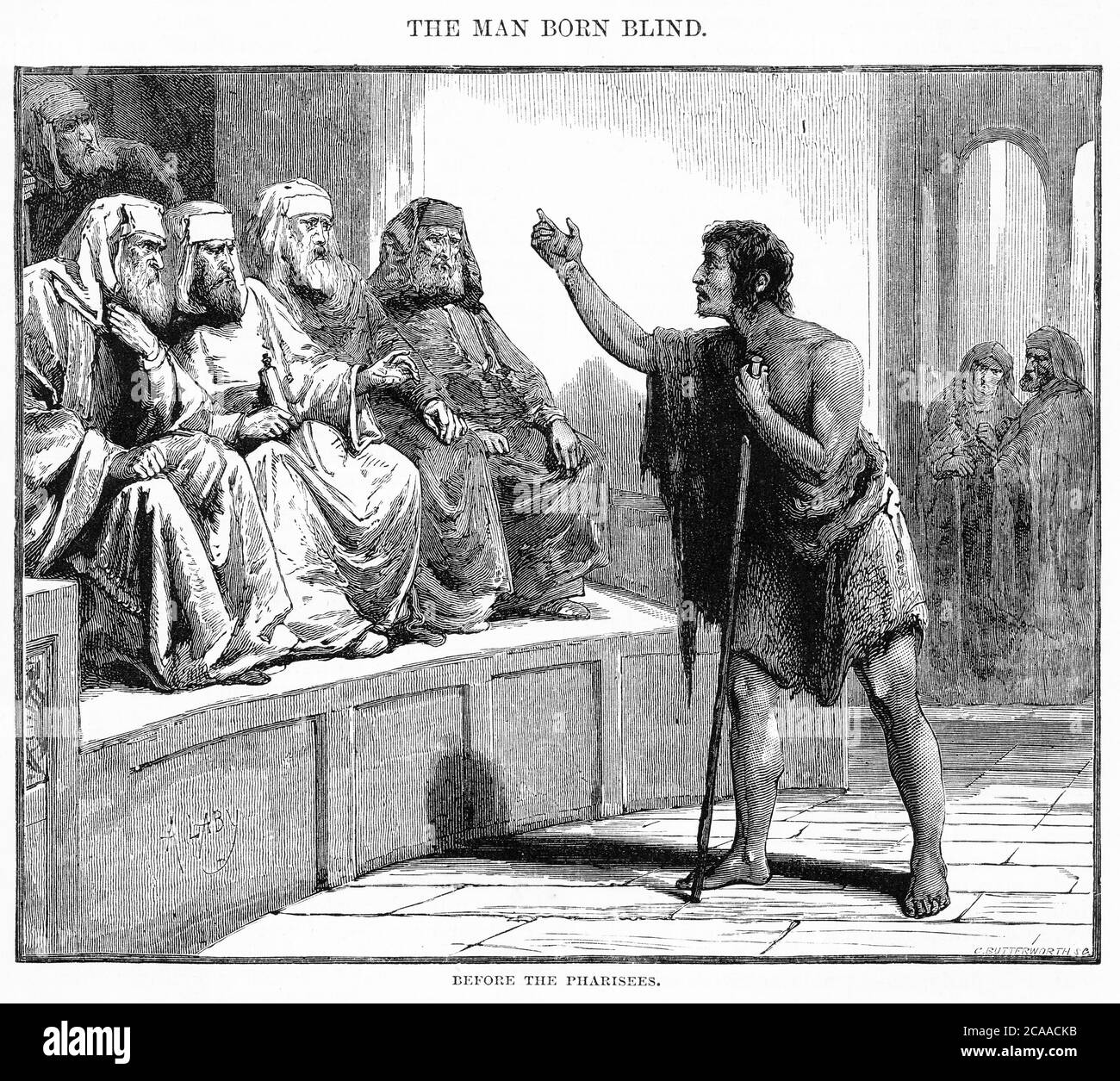Incisione dell'uomo nato cieco che testimoniava ai farisei a Gerusalemme, come descritto nel vangelo di Giovanni, capitolo 9 Foto Stock