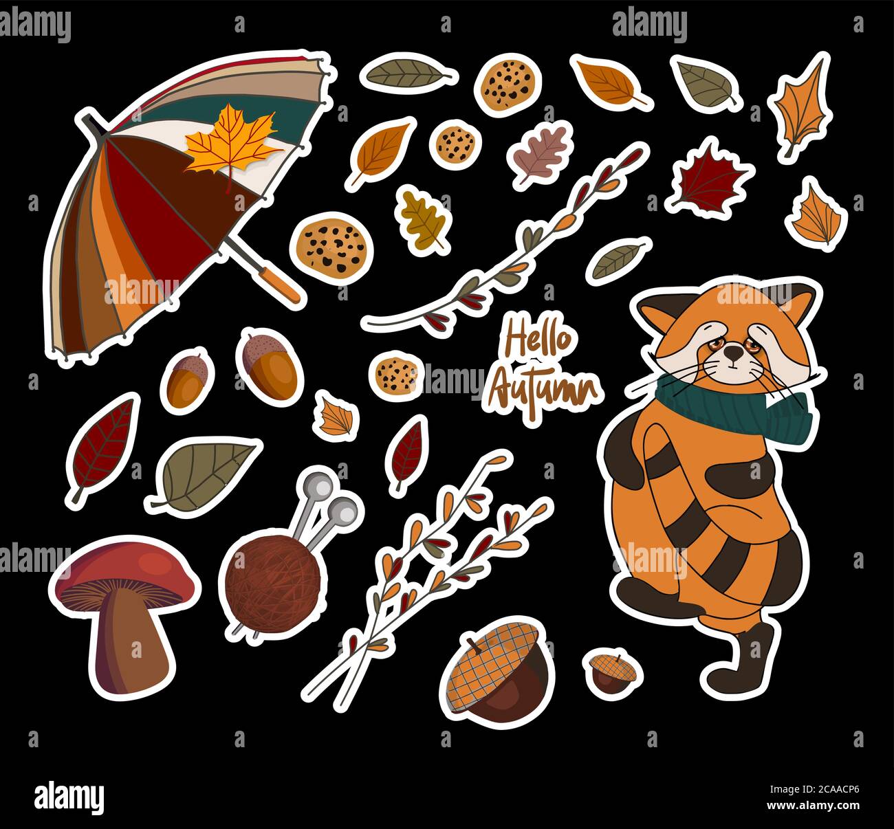 Adesivi autunnali vettoriali. ZUCCHE E RAMI. Foglie d'autunno. Stampa per bambini per tessuti e abbigliamento. Progettazione del prodotto Illustrazione Vettoriale