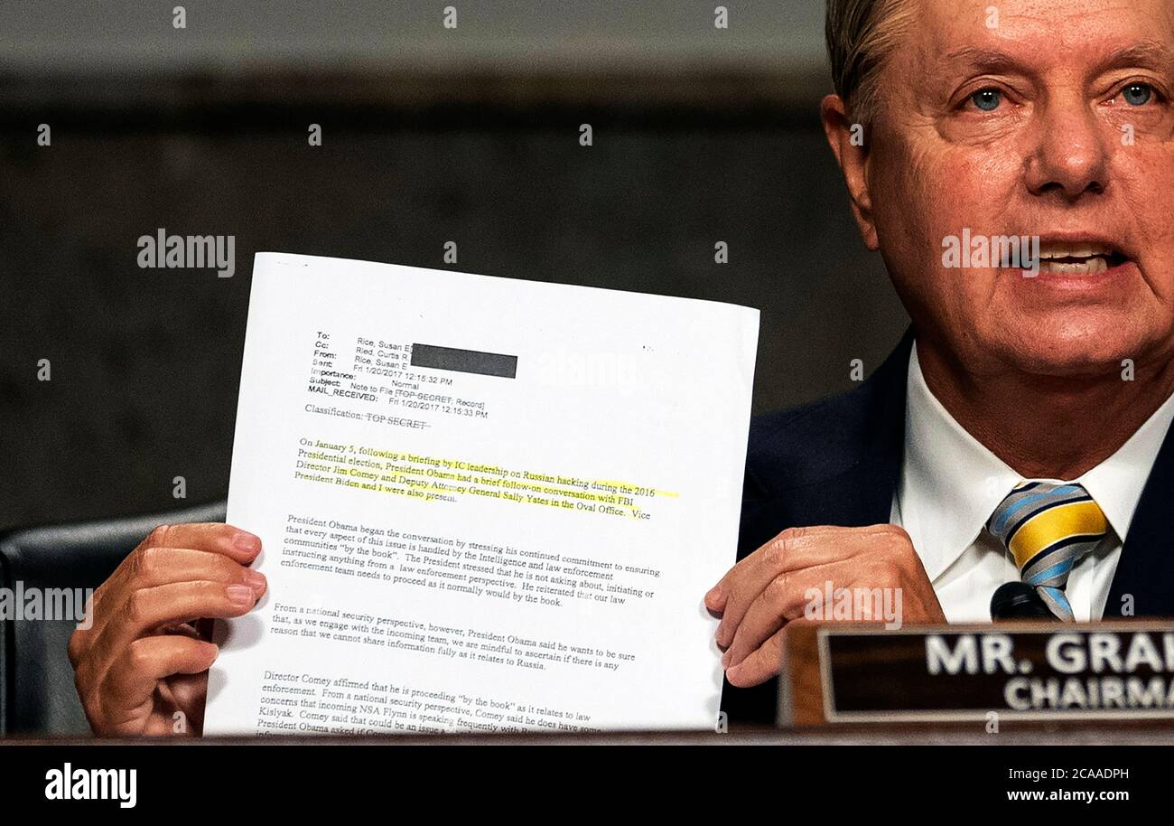 Il senatore degli Stati Uniti Lindsey Graham (repubblicano della Carolina del Sud), presidente del Comitato giudiziario del Senato degli Stati Uniti, interviene durante un'audizione di supervisione del Comitato giudiziario del Senato su Capitol Hill a Washington, mercoledì 5 agosto 2020, per esaminare l'indagine sull'uragano Crossfire. [Nota dell'editore: Questo è un raccolto più stretto con contrasto regolato per mostrare il contenuto della nota.]credito: Carolyn Kaster/Pool via CNP | utilizzo in tutto il mondo Foto Stock