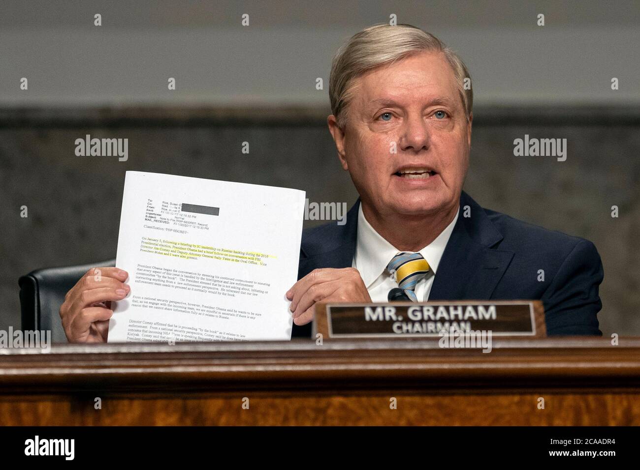 Il senatore degli Stati Uniti Lindsey Graham (repubblicano della Carolina del Sud), presidente del Comitato giudiziario del Senato degli Stati Uniti, interviene durante un'audizione di supervisione del Comitato giudiziario del Senato su Capitol Hill a Washington, mercoledì 5 agosto 2020, per esaminare l'indagine sull'uragano Crossfire. Credit: Carolyn Kaster/Pool via CNP | utilizzo in tutto il mondo Foto Stock