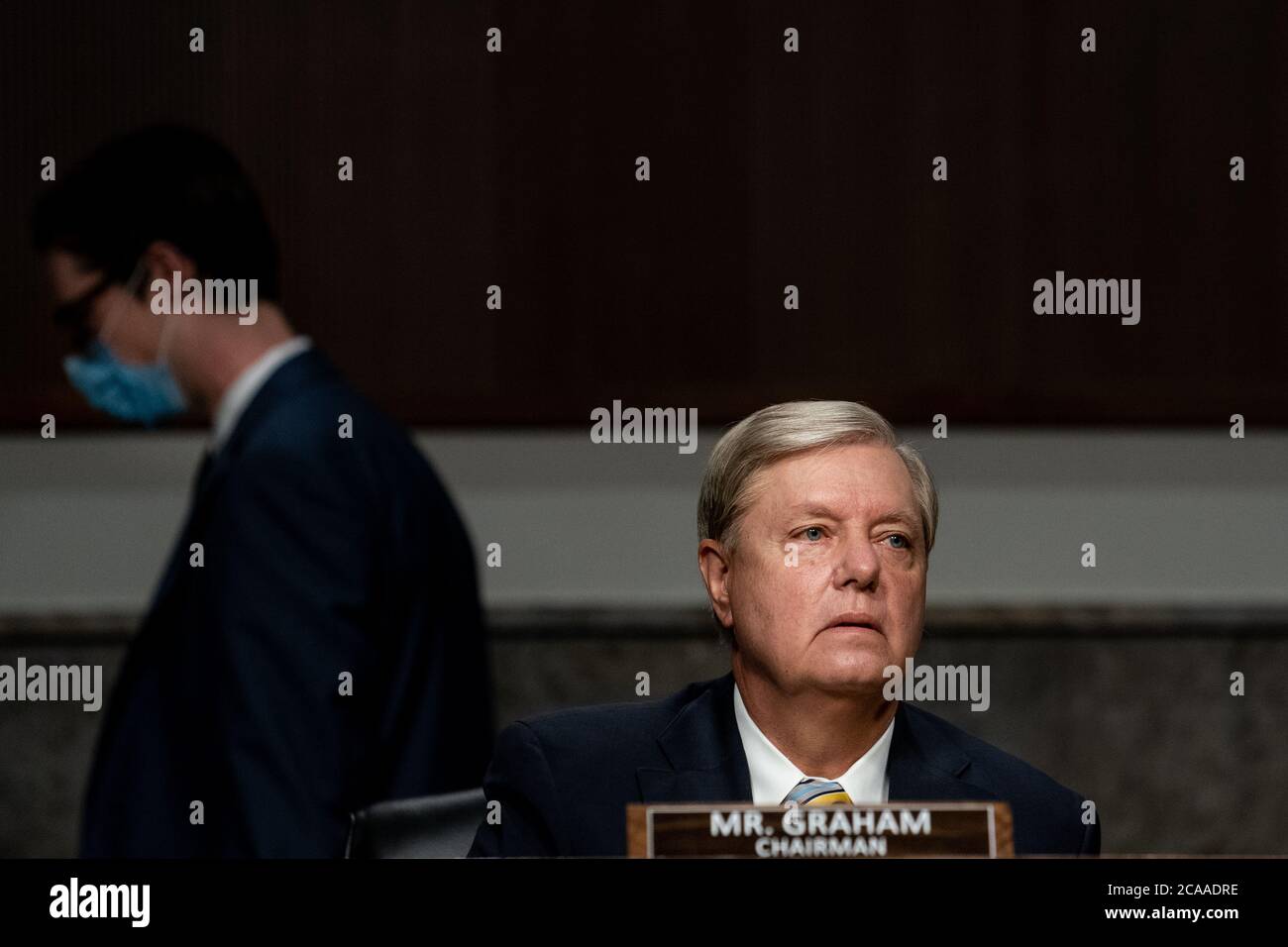 Washington, Stati Uniti d'America. 05 agosto 2020. Senatore degli Stati Uniti Lindsey Graham (Repubblicano della Carolina del Sud), Presidente, Comitato giudiziario del Senato USA parla durante un'audizione del Comitato giudiziario del Senato su 'supervisione dell'indagine sull'uragano crossfire' su Capitol Hill a Washington, DC il 5 agosto 2020.Credit: Erin Schaff/Pool via CNP | Usage Worldwide Credit: dpa/Alamy Live News Foto Stock