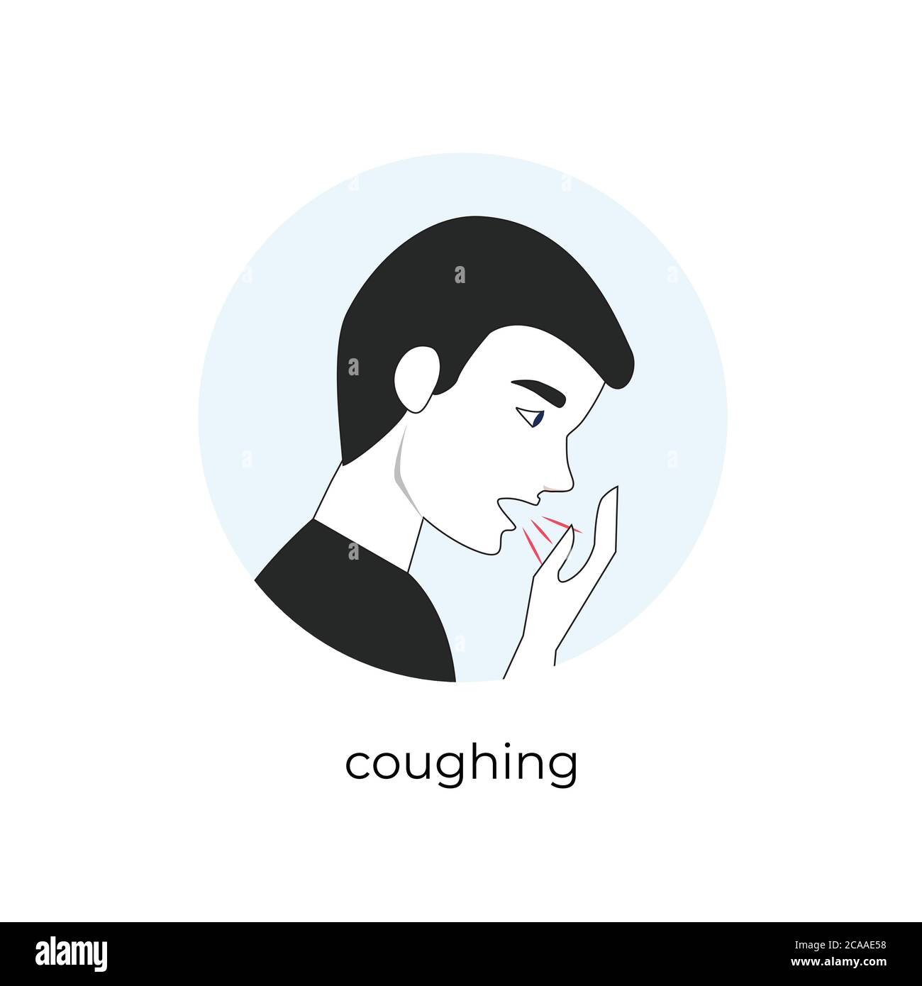 L'uomo tossisce, l'uomo malato ha tosse secca, illustrazione di un uomo tosse, uomo con asma, uomo che copre tosse con la mano. Sintomo di coronavirus Illustrazione Vettoriale