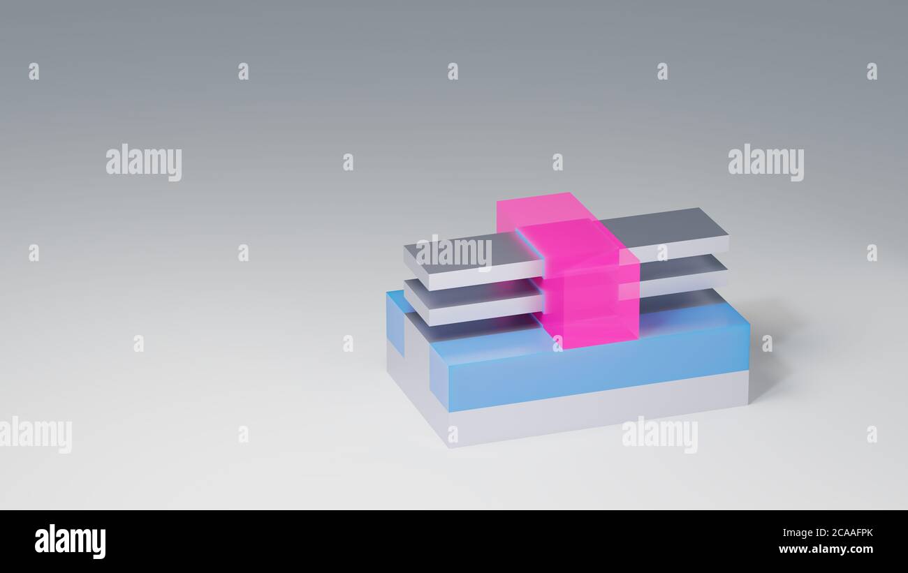 Modello di rendering 3D a transistor MBCFET (nanosefilm, nano sheet, nano nanonastro). Transistor NanoSheet utilizzati per chip semiconduttori avanzati su larga scala Foto Stock