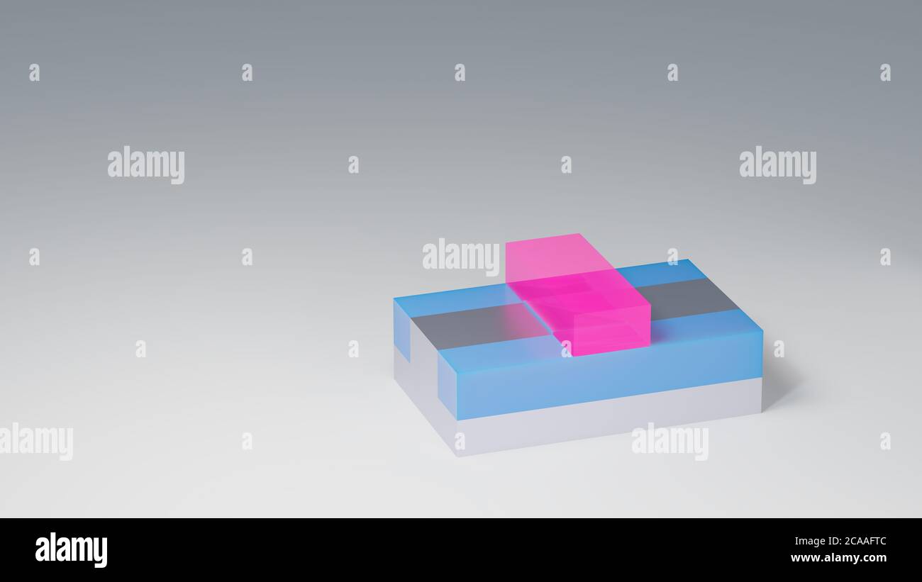 Rendering 3D del transistor CMOS planare. Transistor a effetto di campo semiconduttore a ossido metallico utilizzato per la costruzione di chip semiconduttori e circuiti integrati. Perno Foto Stock