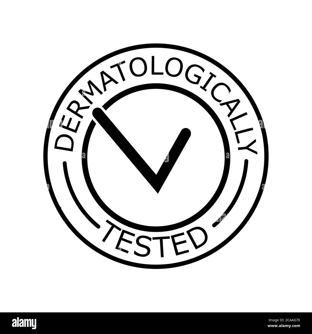 Etichetta vettoriale dermatologicamente testata con logo con segno di spunta. Test dermatologico e dermatologo clinicamente testato icona per allergia libera e sano sicuro Illustrazione Vettoriale