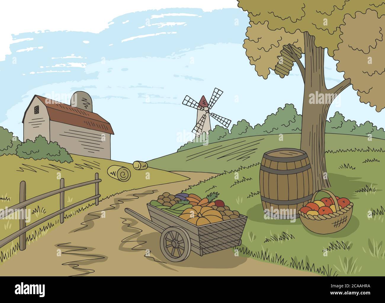 Farm autunno grafico colore paesaggio raccolto raccolta disegno vettore Illustrazione Vettoriale