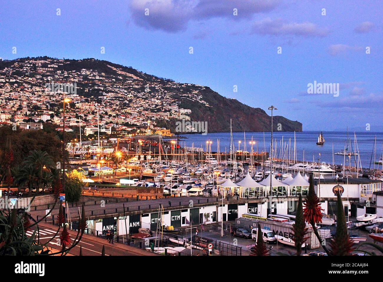 Luci serali presso il porto di Marina Funchal sul lungomare di Funchal, Madeira in Portogallo. Foto Stock