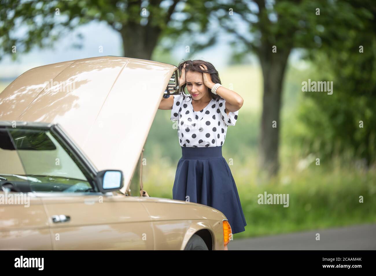 Buona ragazza che tiene la testa nelle mani dalla disperazione dopo il guasto del motore ha fermato l'auto nella natura. Foto Stock
