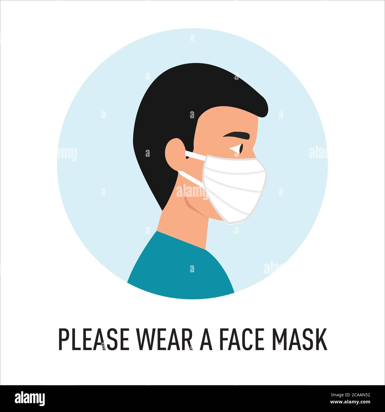 Uomo indossare maschera vettoriale. Segno Vector Wear Face Mask. Cartello segnaletico raccomanda l'uso della maschera protettiva per il viso in caso di prevenzione. Maschera di protezione da coronavirus Illustrazione Vettoriale