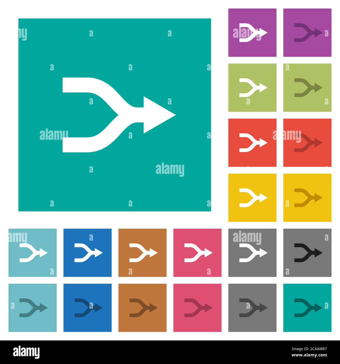 Unire le frecce icone piatte multicolore su sfondi quadrati semplici. Incluse variazioni delle icone bianche e più scure per il passaggio del mouse o gli effetti attivi. Illustrazione Vettoriale