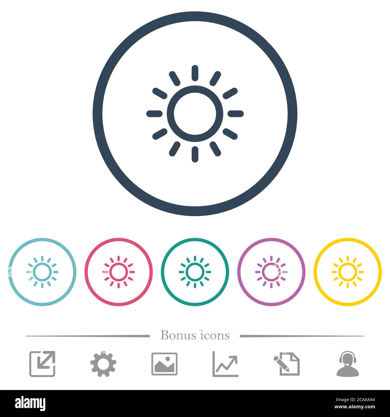 Controllo della luminosità icone a colori piatte con contorni arrotondati. 6 icone bonus incluse. Illustrazione Vettoriale