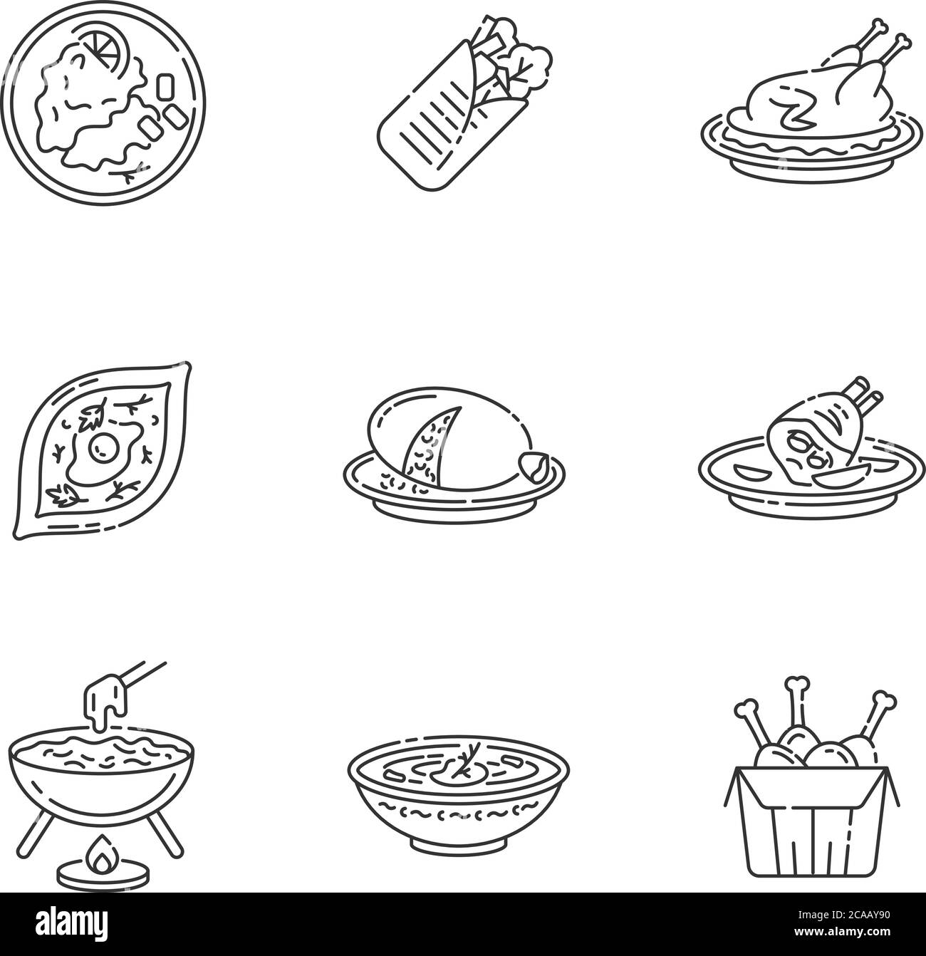 Set di icone lineari pixel Perfect Cafe Meals. Shawarma avvolto con carne e lattuga. Ricetta Khachapuri. Simboli dei contorni a linee sottili personalizzabili. Isolato Illustrazione Vettoriale