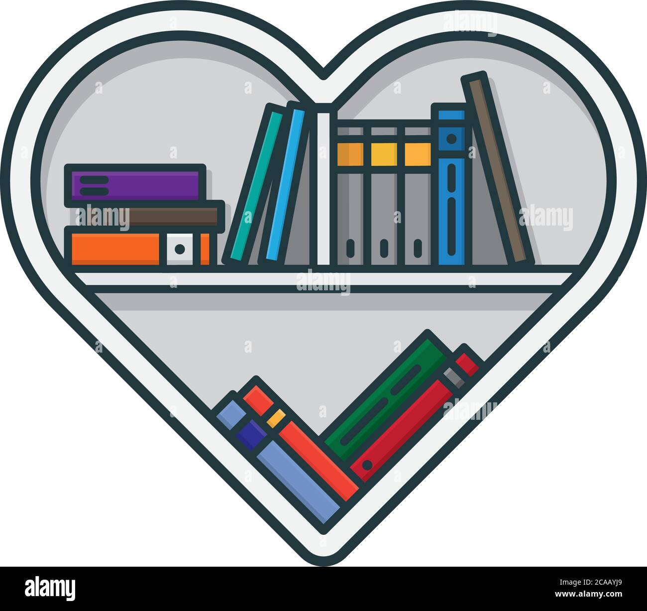 Libreria a forma di cuore con vari libri isolato illustrazione vettoriale per il Book Lovers Day il 9 agosto. Simbolo di apprezzamento della letteratura. Illustrazione Vettoriale
