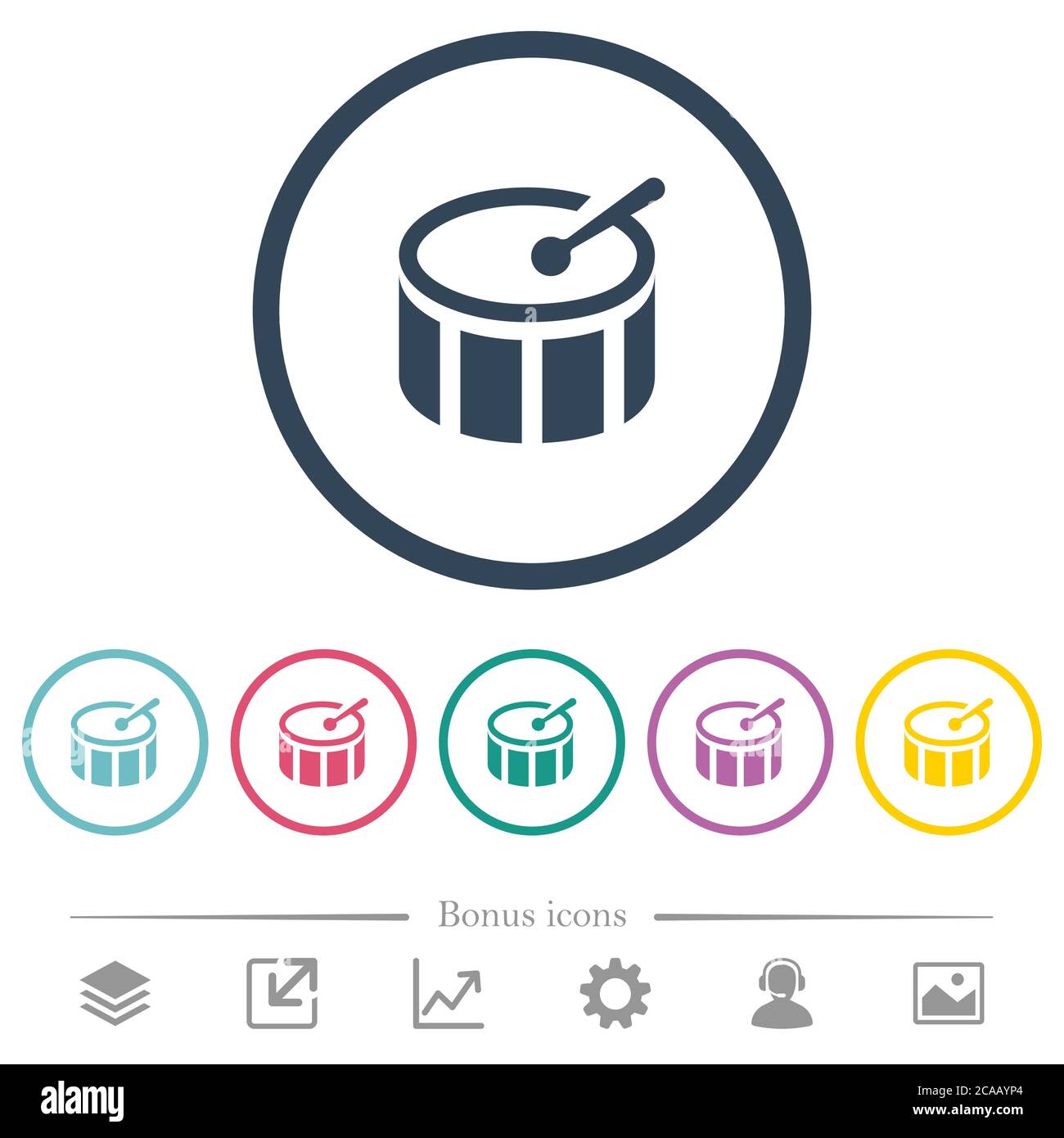 Icone di colore piatto del tamburo in contorni rotondi. 6 icone bonus incluse. Illustrazione Vettoriale