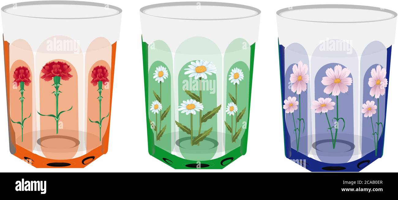 Illustrazione di vetri con fiori in esso isolato su un sfondo bianco Foto Stock