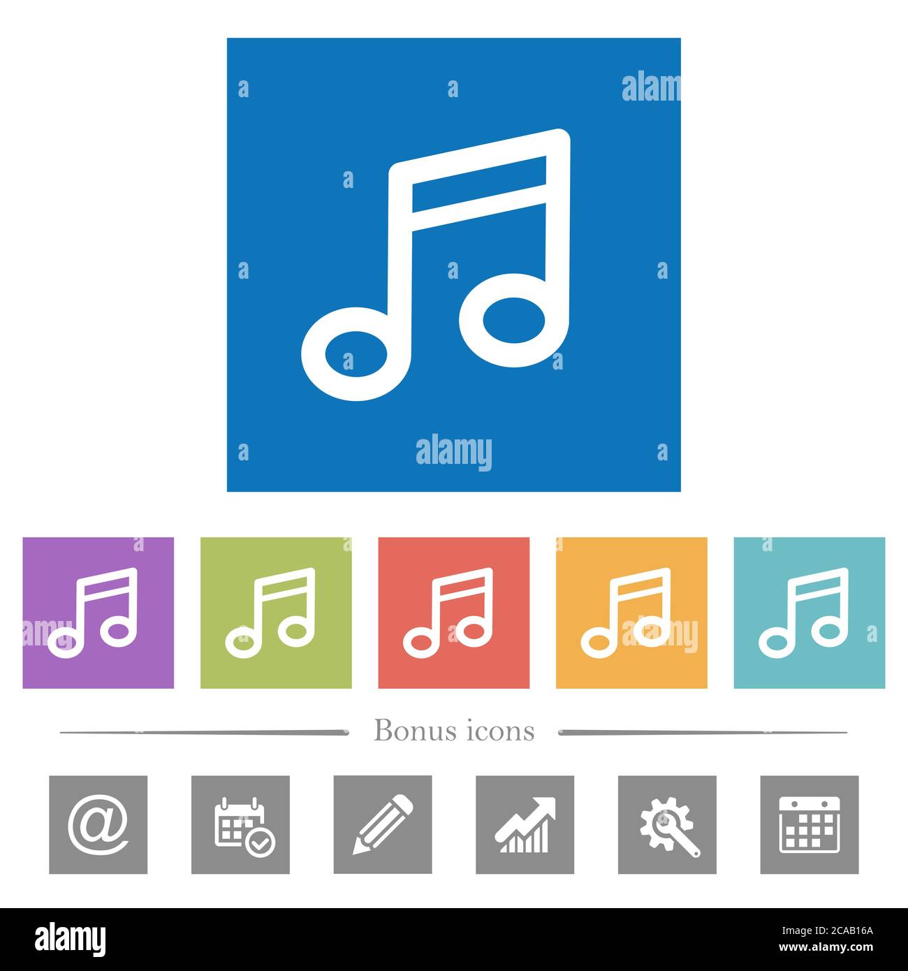 Note musicali icone bianche piatte su sfondi quadrati. 6 icone bonus incluse. Illustrazione Vettoriale