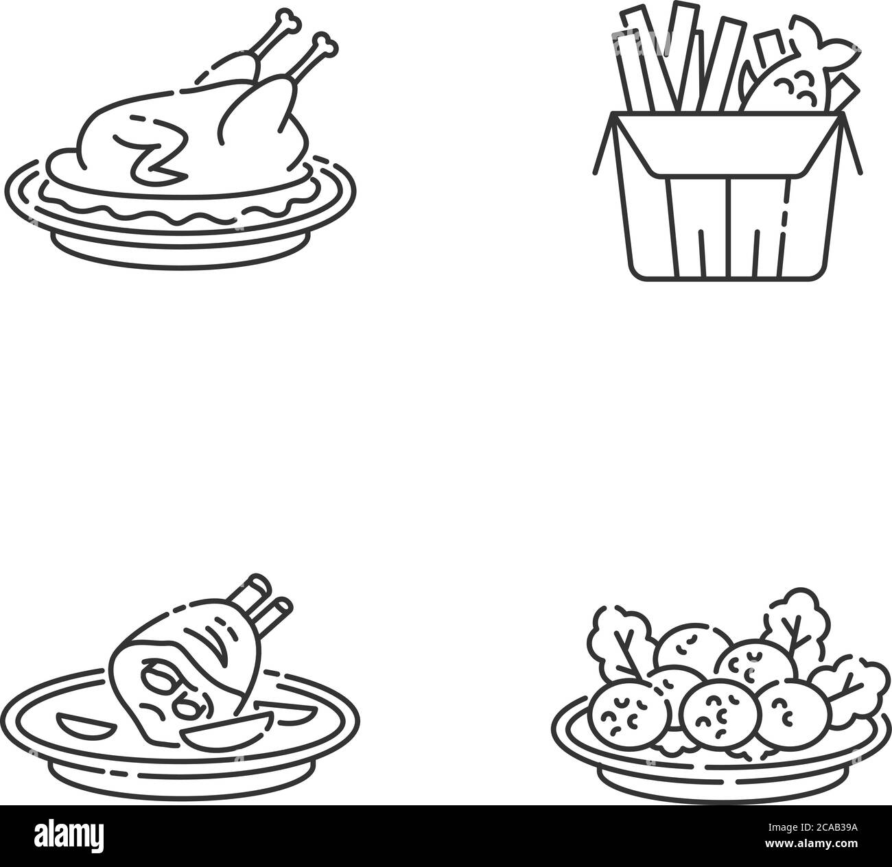 Set di icone lineari perfette pixel cucina nazionale. Fast food. Anatra alla pechinese. Pesce e patatine inglesi. Simboli dei contorni a linee sottili personalizzabili. Vect. Isolato Illustrazione Vettoriale