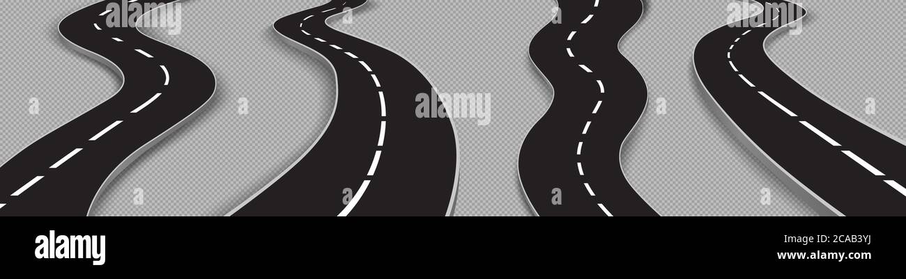 Strade tortuose, autostrade in asfalto nero con marcatura bianca. Serie vettoriale realistica di strade curve o strade isolate su sfondo trasparente. Concetto di viaggio e viaggio Illustrazione Vettoriale