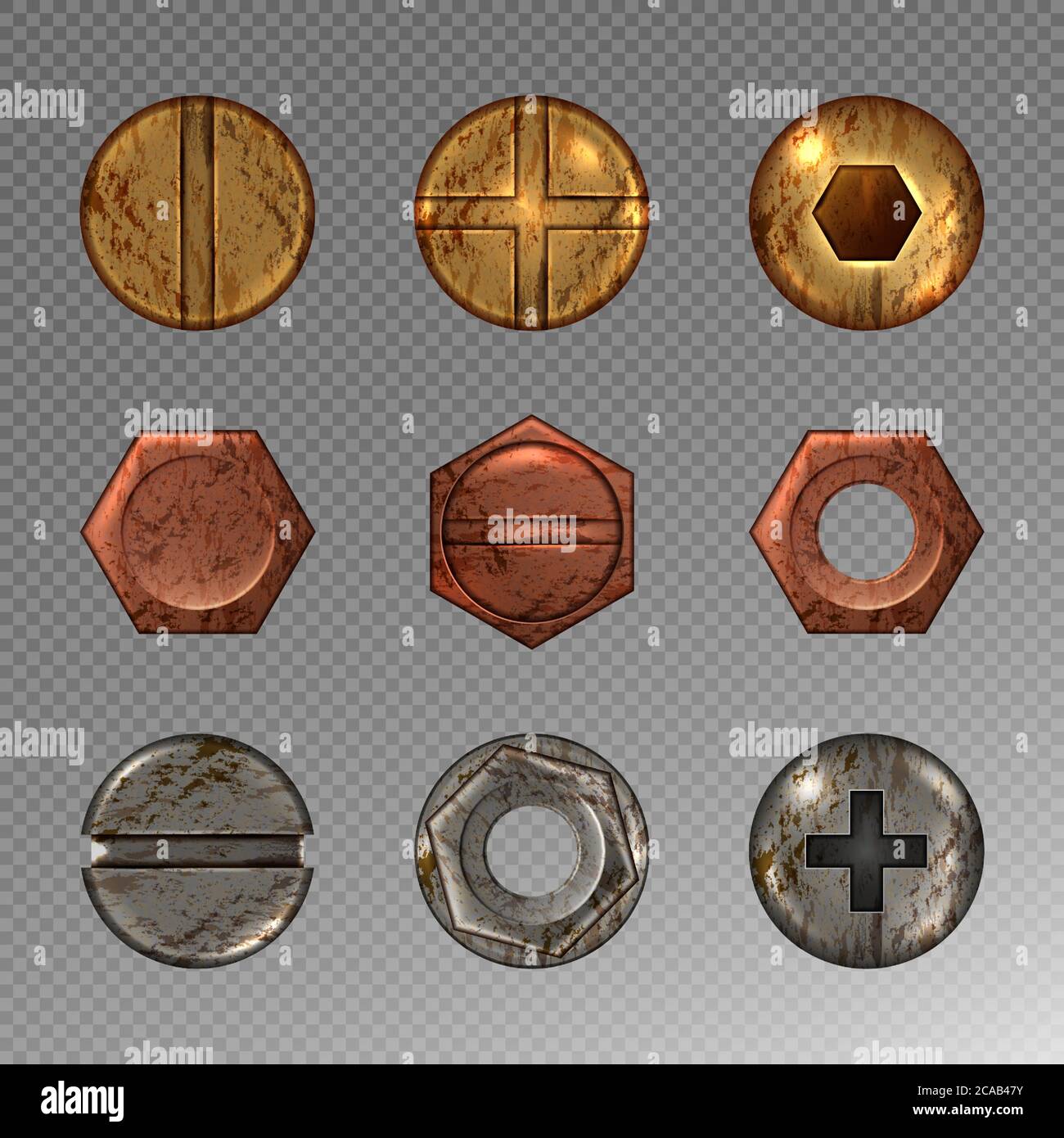 Vecchio set di teste per viti e chiodi, bulloni in acciaio, rame e ottone, rivetti arrugginiti, bulloneria gialla, rossa e grigia, vista dall'alto isolata su sfondo trasparente. Immagini vettoriali 3d realistiche, icone Illustrazione Vettoriale