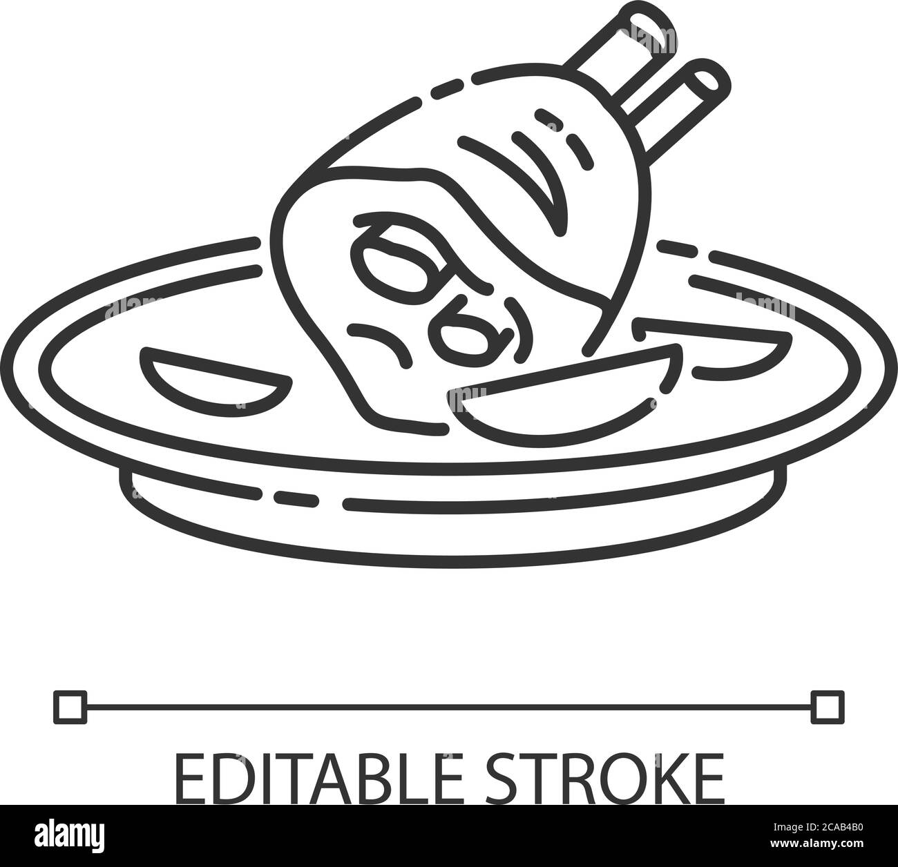 Icona lineare perfetta per il maiale arrosto. Piatto di carne tedesco. Pasto tradizionale europeo. Illustrazione personalizzabile con linee sottili. Simbolo del contorno. Vect Illustrazione Vettoriale