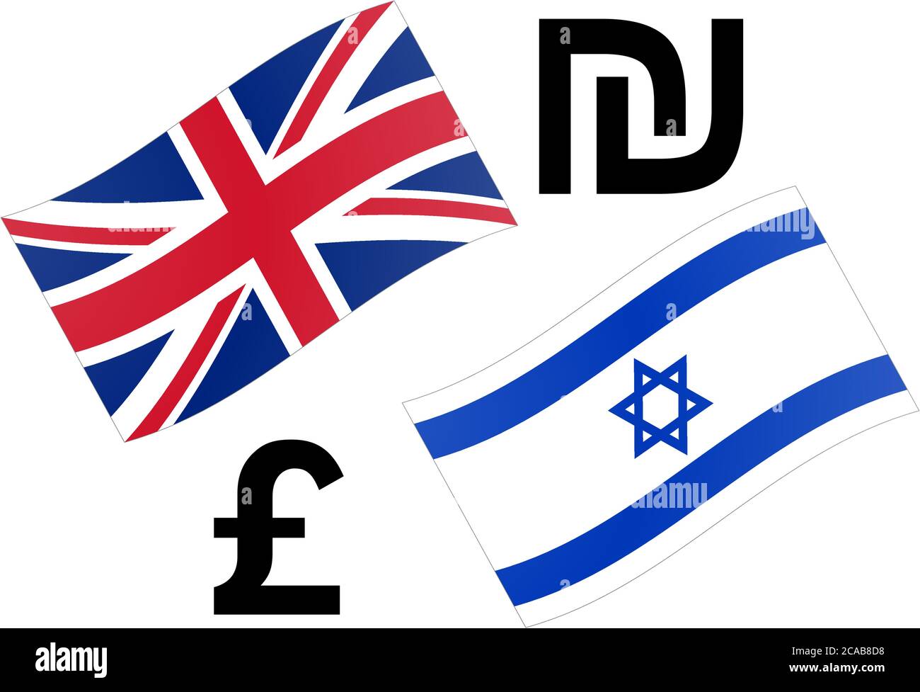 Illustrazione del vettore della coppia di valute forex GBPILS. Bandiera britannica e israeliana, con simbolo di Pound e Shekel. Illustrazione Vettoriale