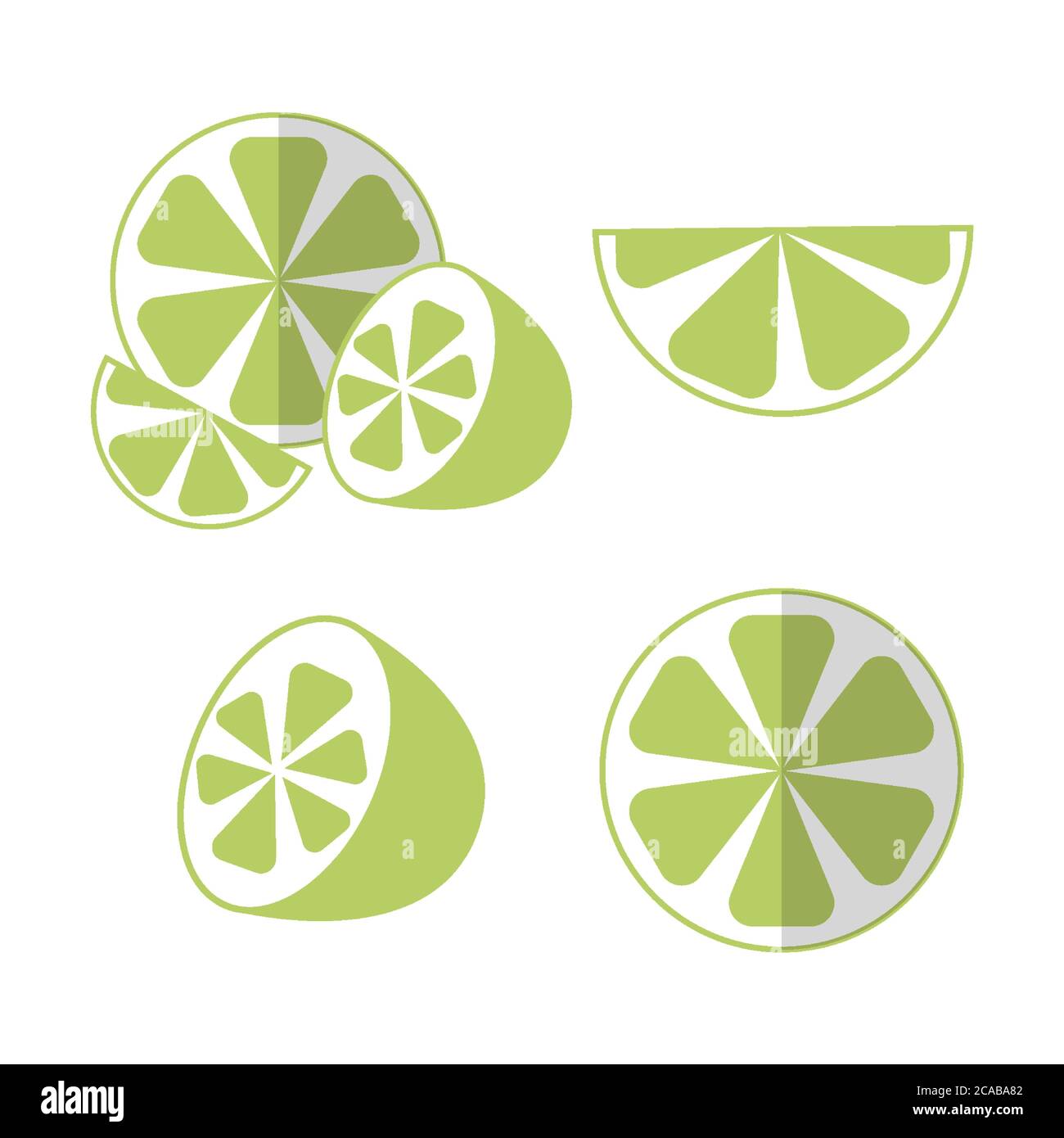 Set di lime a pezzi tagliati e tagliati a metà in stile piatto con ombra. Illustrazione vettoriale isolata. Illustrazione Vettoriale