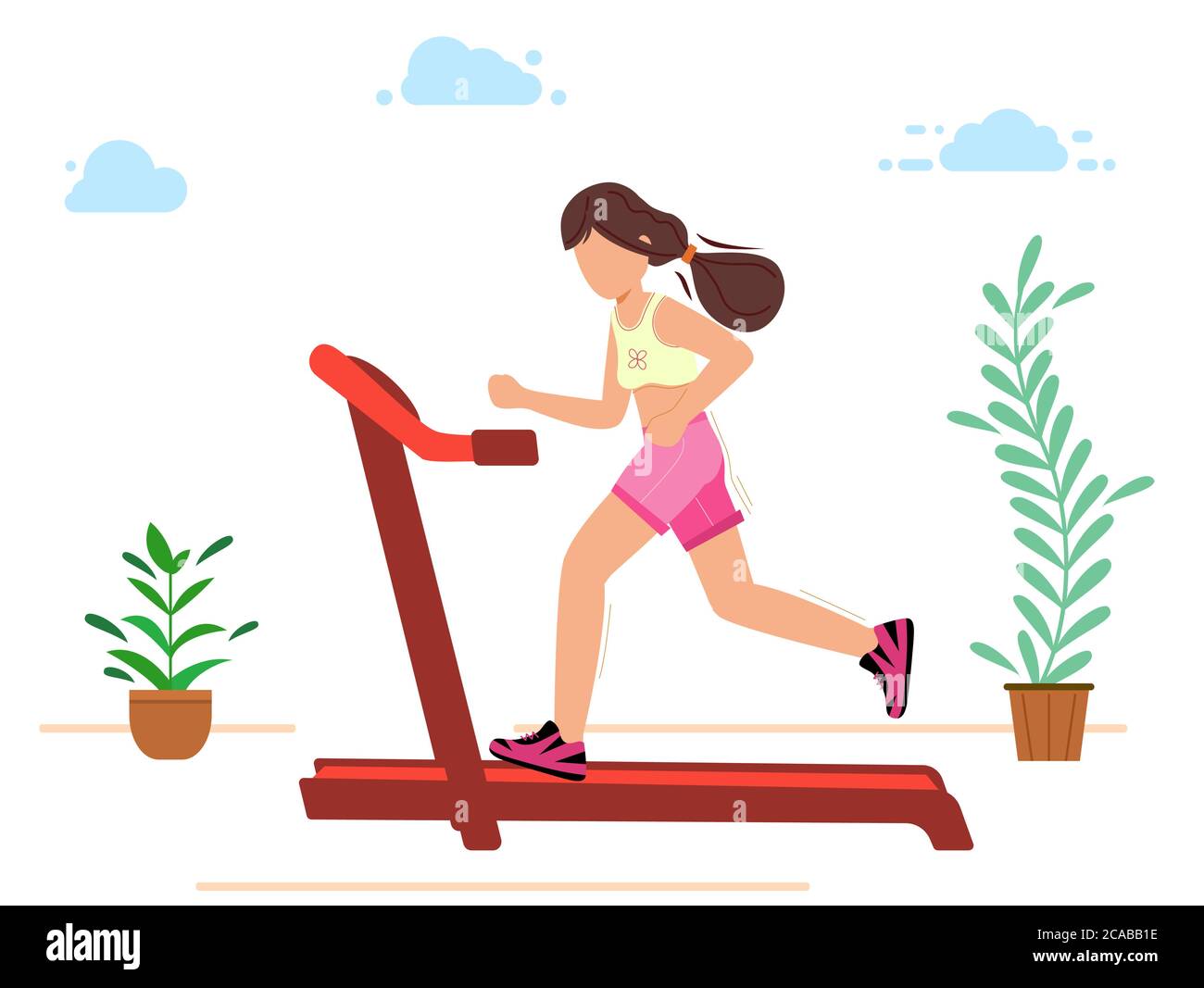 La ragazza è impegnata in sport che corrono su un tapis roulant. Il concetto di uno stile di vita sano. . personaggio cartoon. Illustrazione vettoriale in stile moderno e piatto. Illustrazione Vettoriale