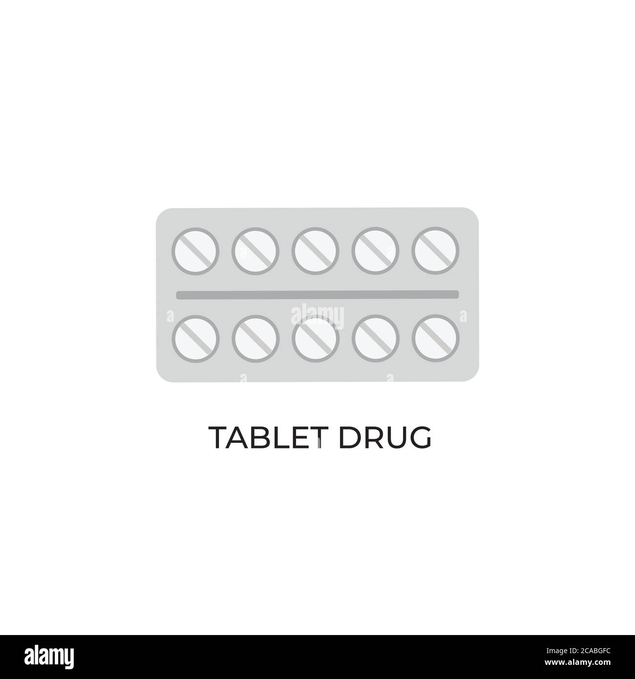Icona vettore di droga, disegno piatto illustrazione della confezione della compressa, imballaggio medico di farmacia per farmaci, antibiotici, vitamine o compresse di aspirina. Illustrazione Vettoriale