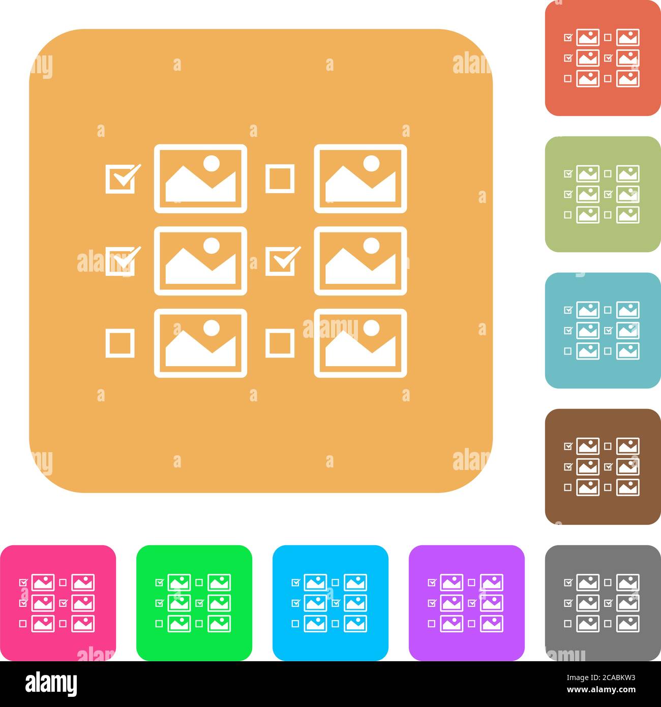 Selezione di più immagini con caselle di controllo icone piatte su sfondi quadrati arrotondati dai colori vivaci. Illustrazione Vettoriale