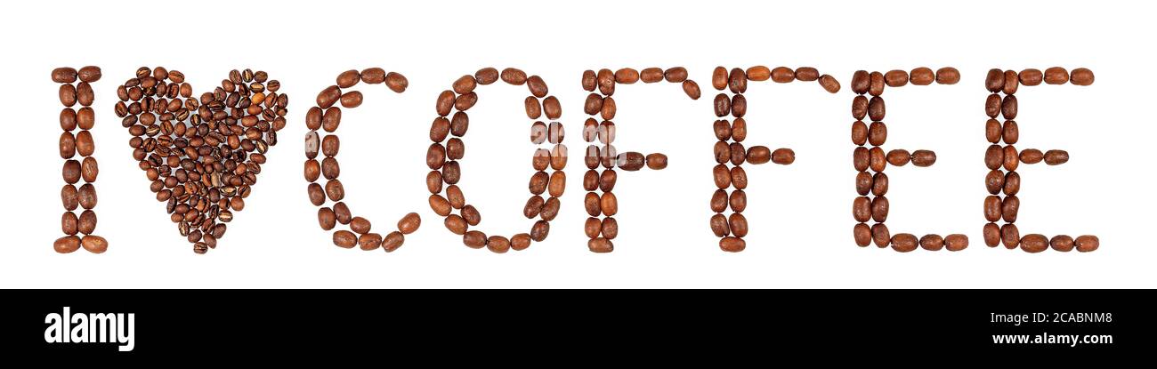 Adoro il caffè ottenuto dai chicchi di caffè tostati. Mi piace il segno del caffè Foto Stock