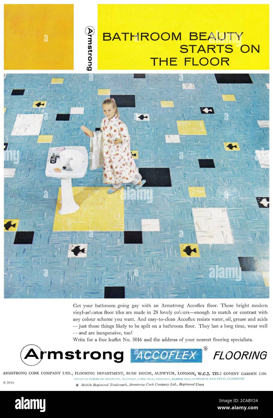 1961 Pubblicità britannica per pavimenti in vinile-amianto Armstrong Accoflex. Foto Stock