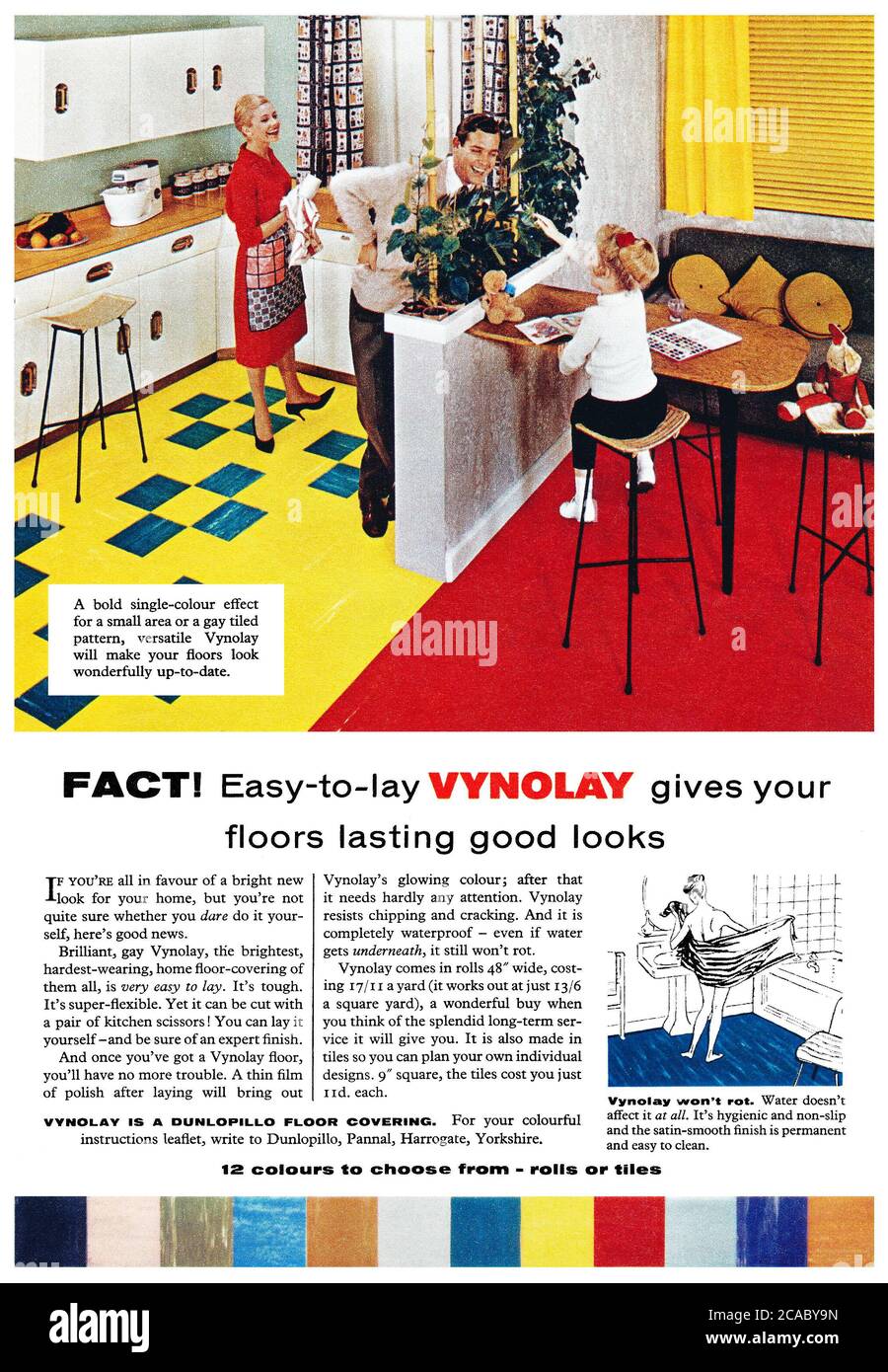 1961 Pubblicità britannica per rivestimenti di pavimenti Vynolay. Foto Stock