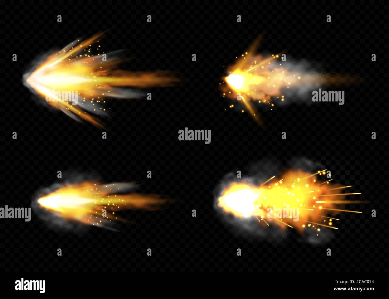 La pistola lampeggia con fumo e scintille di fuoco. Pistole colpi nuvole, muso fucile esplosione. Blast motion, proiettili d'arma sentieri isolati su sfondo nero. Illustrazione vettoriale 3d realistica, set di icone Illustrazione Vettoriale