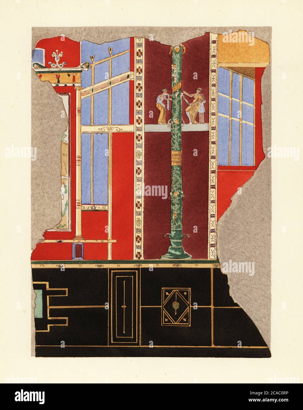 Pannello in una stanza della Casa di Laocoonte o Casa di Laocoon, Pompei, terzo stile pompeiano. Panneau d’une salle de la maison de Laocoon, Regione VI.11.30. Stile Troisieme. Litografia di Pierre Guzman dal suo murale di decorazione a Pompei, (decorazione del muro a Pompei), Edizioni Albert Morance), Parigi, 1924. Foto Stock