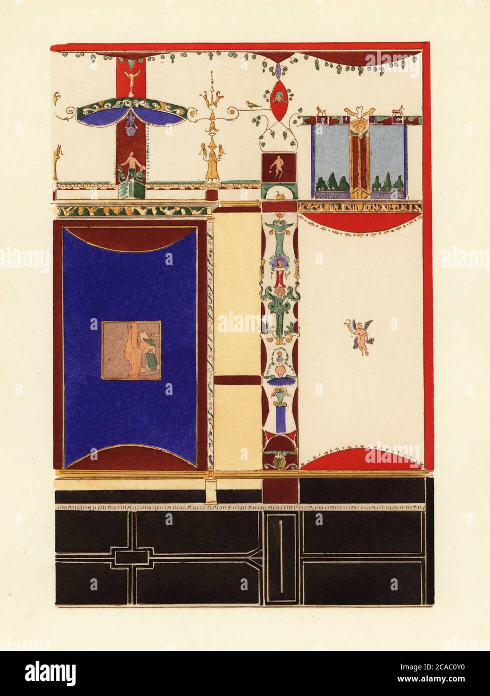 Pannello con esclusivo blu scuro di Pompei, primo quarto stile pompeiano. Da un esemplare di Les Ruines de Pompei, architetto francese Francois Mazois. Stile del debutto del quatrieme. Litografia di Pierre Guzman dal suo murale di decorazione a Pompei, (decorazione del muro a Pompei), Edizioni Albert Morance), Parigi, 1924. Foto Stock