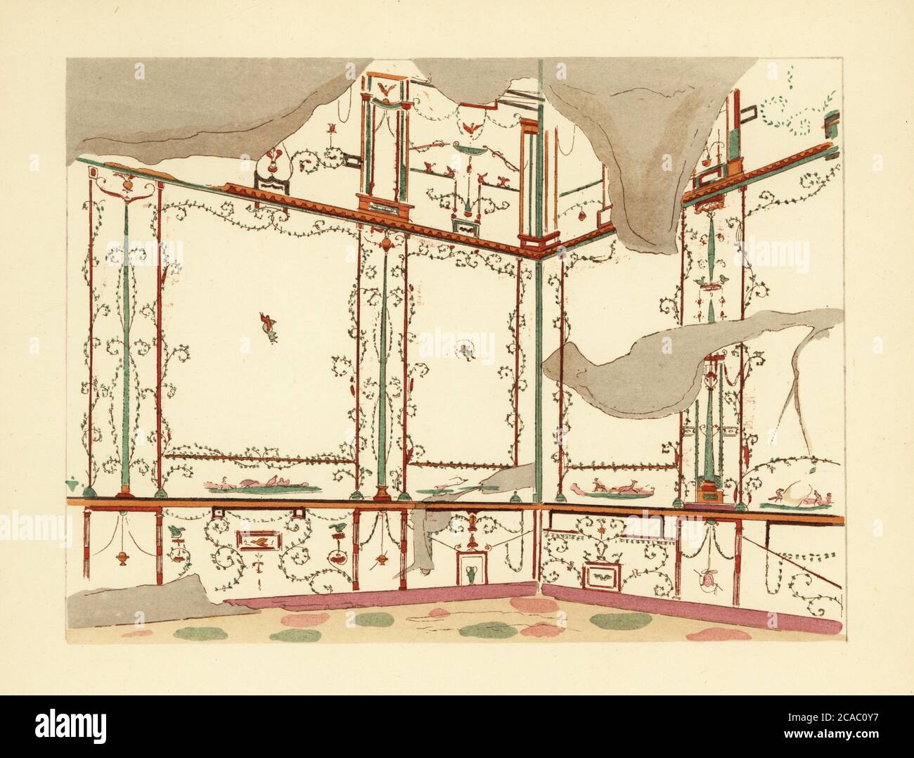 Exedra nella Casa del Centenario, Pompei. Quarto stile pompeiano. Casa del Centenario, Exedra de la maison du Centenaire, Regione III.7.6. Stile Quatrieme. Litografia di Pierre Guzman dal suo murale di decorazione a Pompei, (decorazione del muro a Pompei), Edizioni Albert Morance), Parigi, 1924. Foto Stock