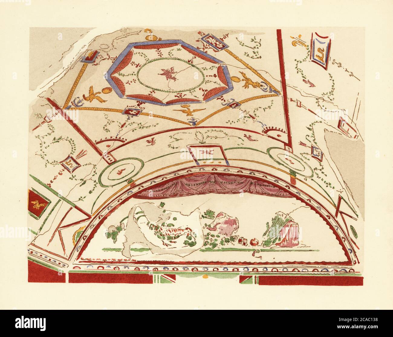 Salotto a volta in una casa sulla strada per Stabiae, Pompei. Quarto stile pompeiano. Oecus voute d’une maison de la rue de Stabies. Stile Quatrieme. Litografia di Pierre Guzman dal suo murale di decorazione a Pompei, (decorazione del muro a Pompei), Edizioni Albert Morance), Parigi, 1924. Foto Stock