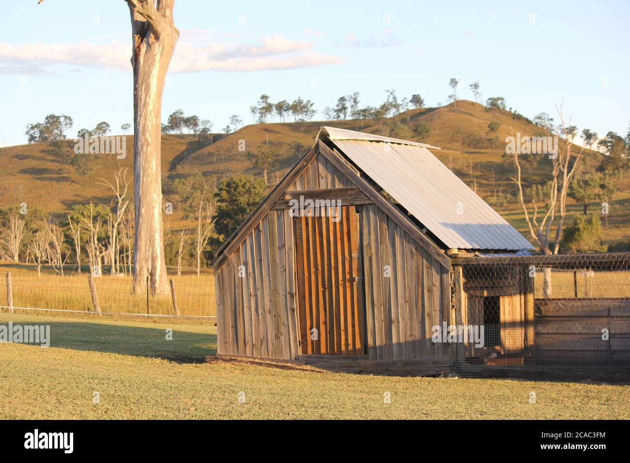 Grande casa di pollo in stile country su terreni agricoli al tramonto Foto Stock