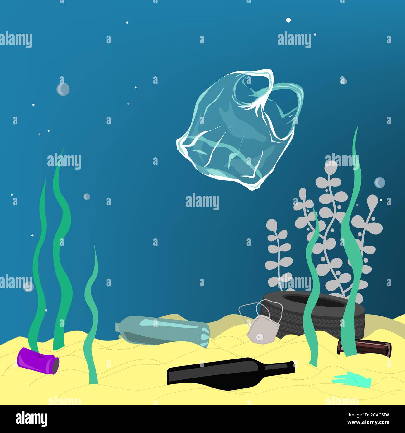 Inquinamento plastica illustrazione rifiuti sotto il mare. Diversi tipi di rifiuti, borse, rifiuti, botole di plastica, e utensili di plastica nell'oceano Illustrazione Vettoriale