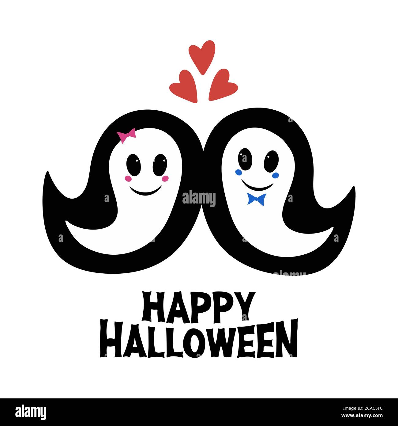 Carino ragazza e ragazzo fantasmi in amore e boo parola. Biglietto d'auguri di Halloween. Isolato su sfondo bianco. Illustrazione di stock vettoriale. Illustrazione Vettoriale