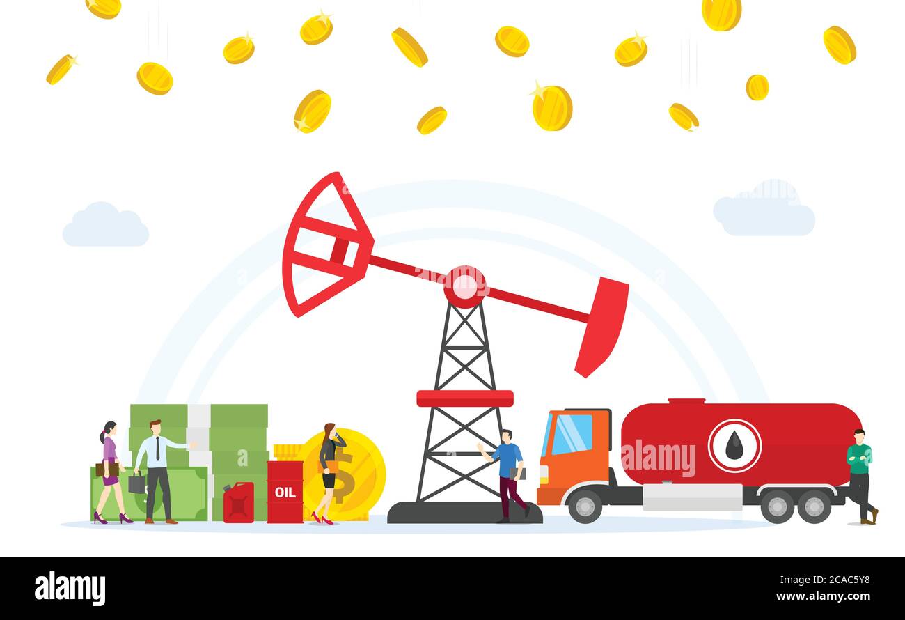 il concetto di business del petrolio e del gas profittare di con la macchina per la perforazione di petrolio e moneta d'oro con lo stile moderno piatto Illustrazione Vettoriale