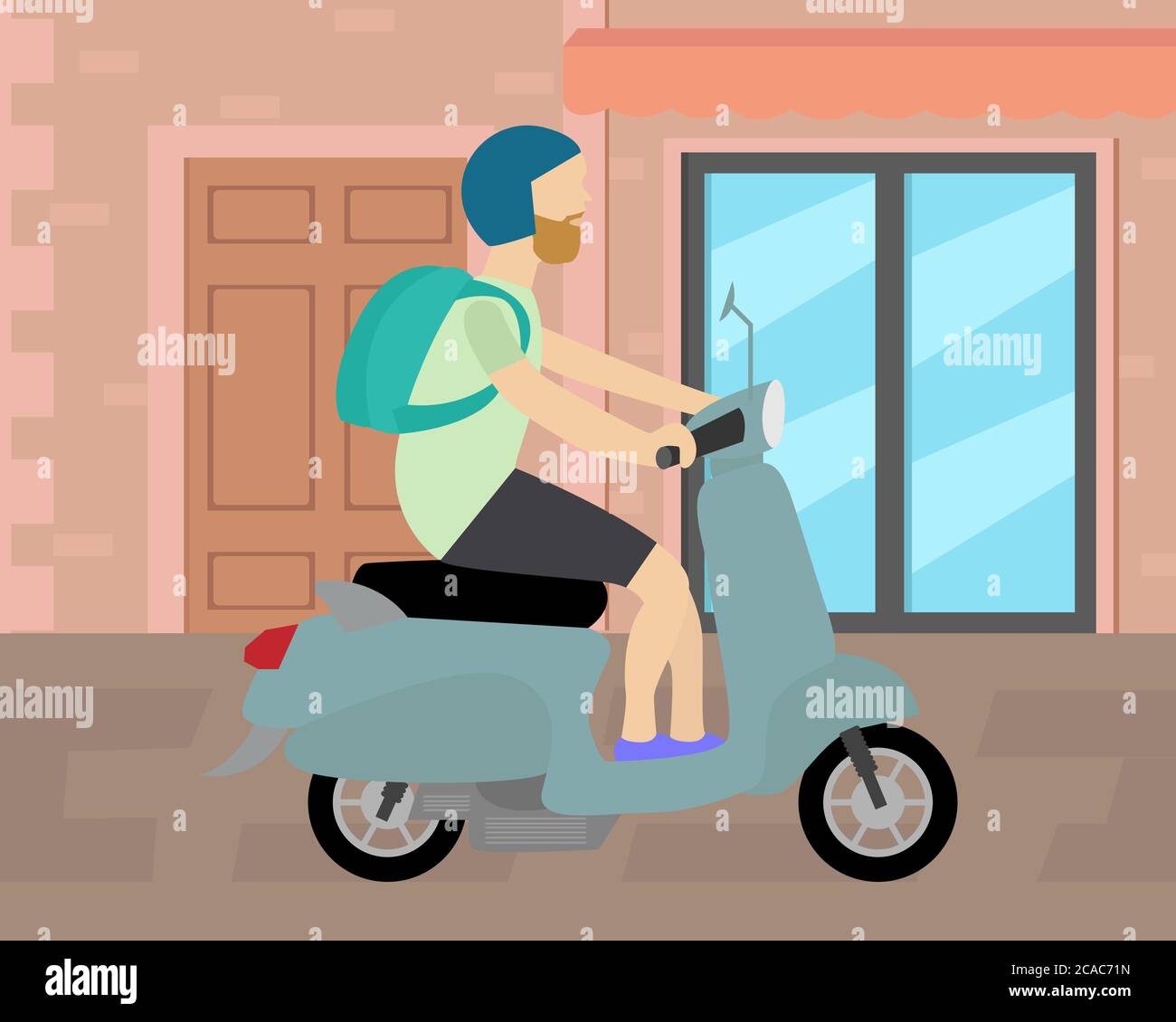 Illustrazione disegno vettoriale di un maschio che guida il suo scooter per strada. Illustrazione Vettoriale