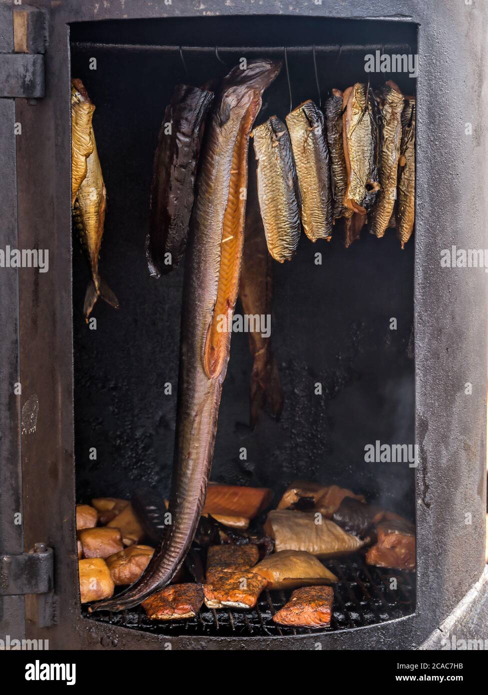 Pesce marino fresco che viene affumicato nella camera di fumo Foto Stock