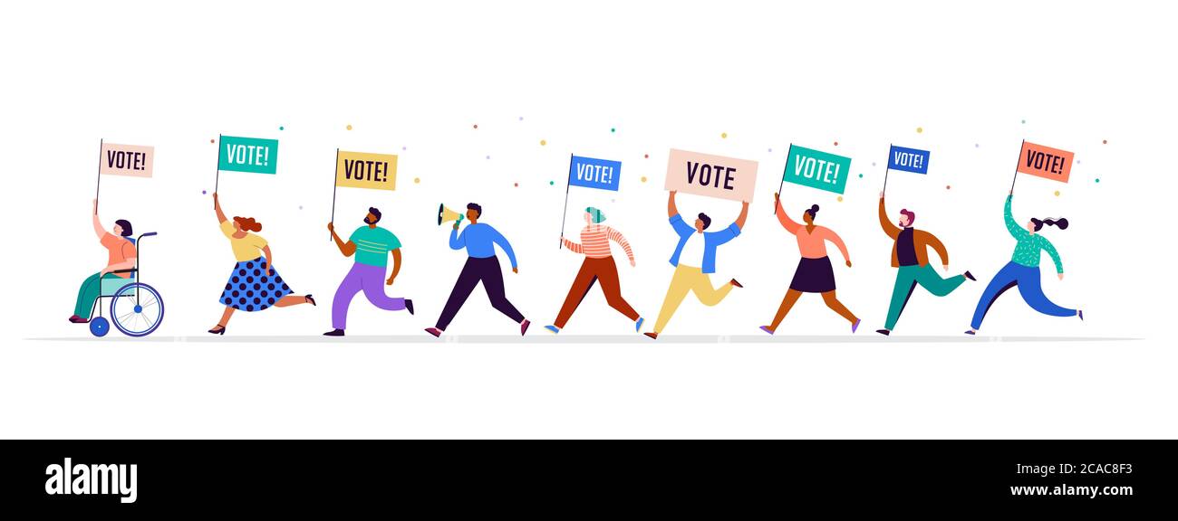 Gruppo di persone, camminando con bandiere alle elezioni. Folla di donne e uomini in una dimostrazione. Concetto di campagna elettorale, vettore di tema di voto Illustrazione Vettoriale