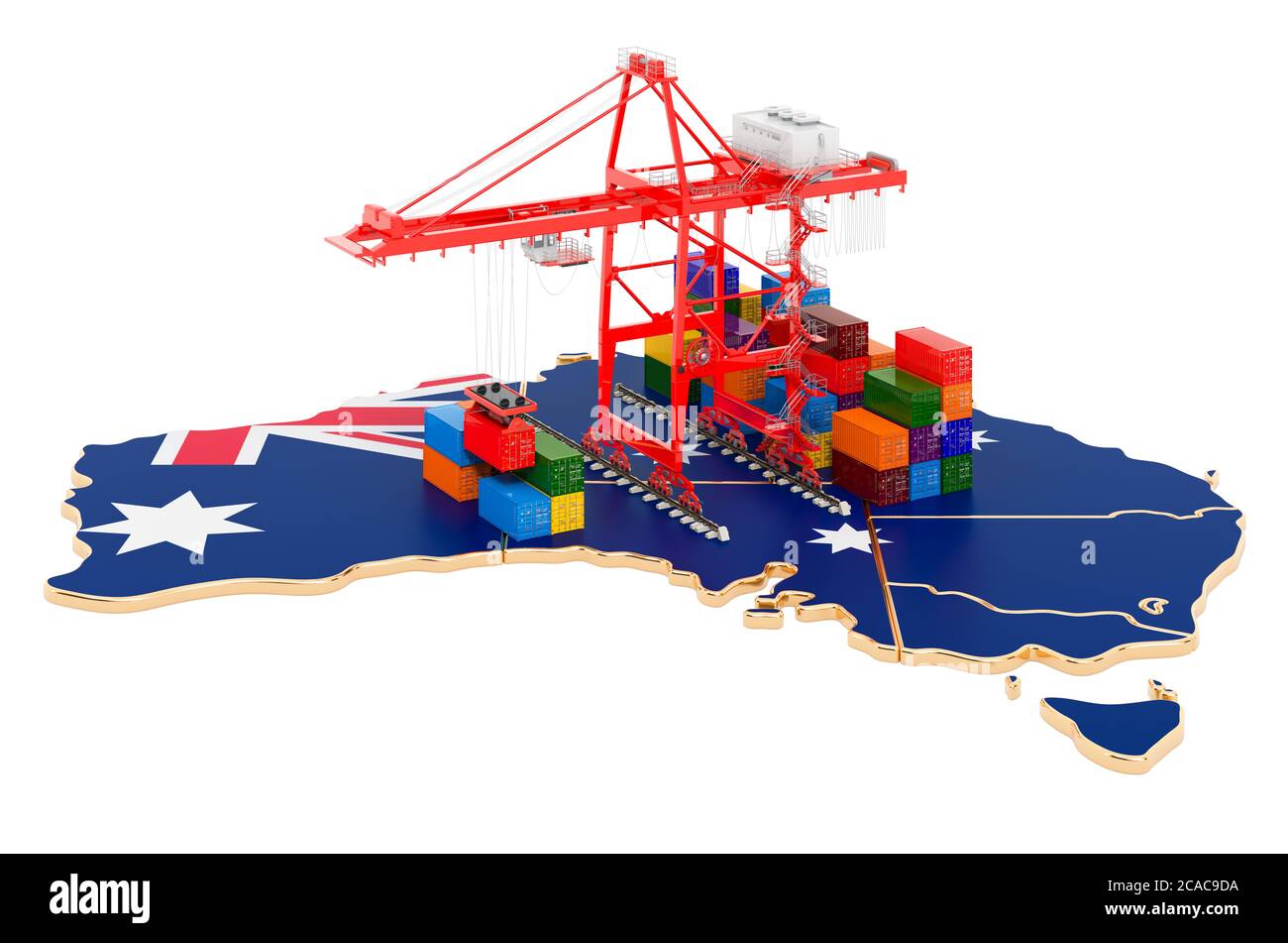 Trasporto di merci in Australia concetto. Gru portuali con container sulla mappa australiana. Rendering 3D isolato su sfondo bianco Foto Stock