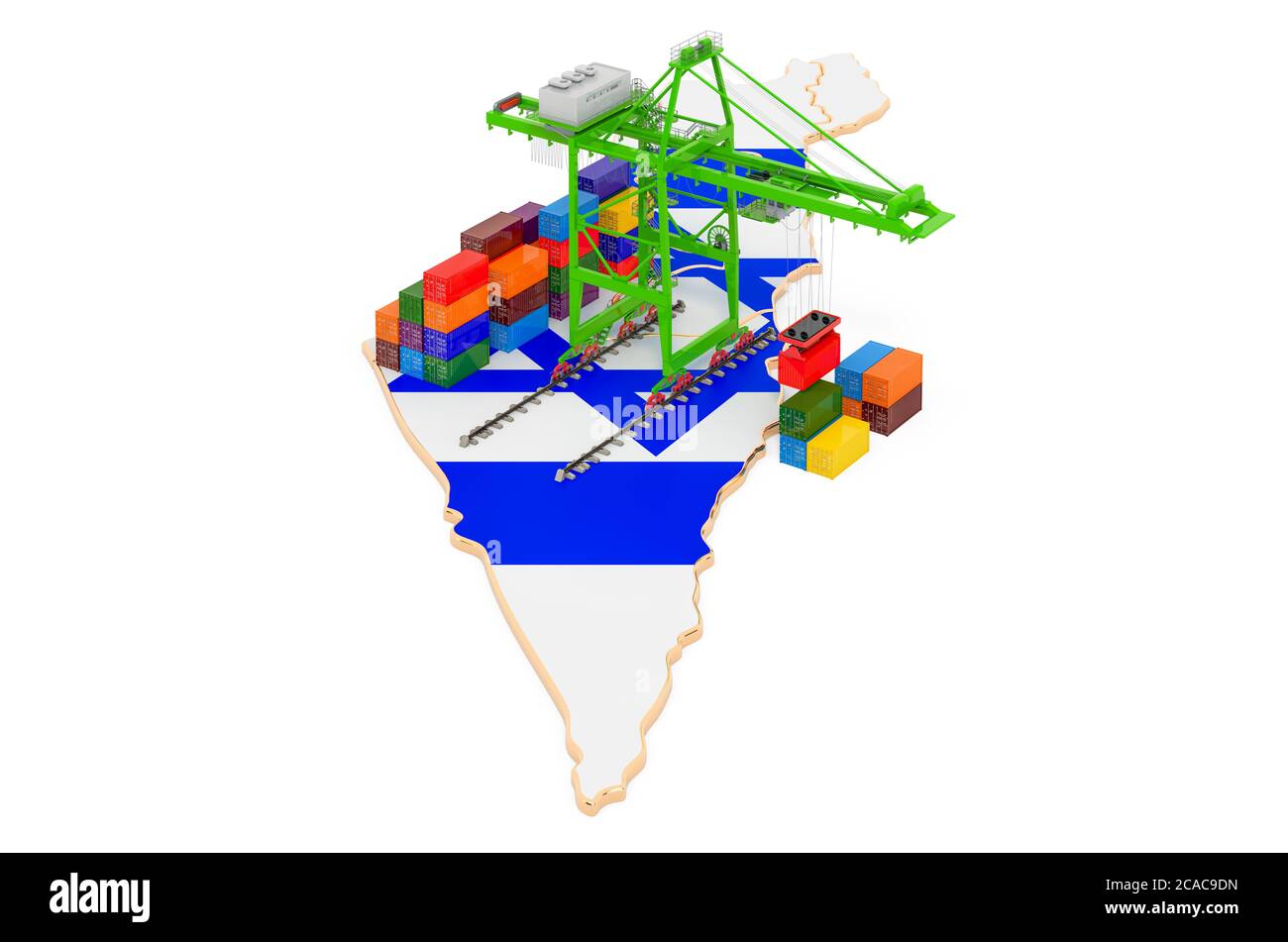 Trasporto di merci in Israele concetto. Gru portuali con container sulla mappa israeliana. Rendering 3D isolato su sfondo bianco Foto Stock